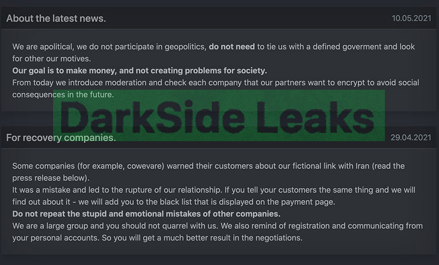 DarkSide's Pipeline Ransomware Hit: Strictly Business?