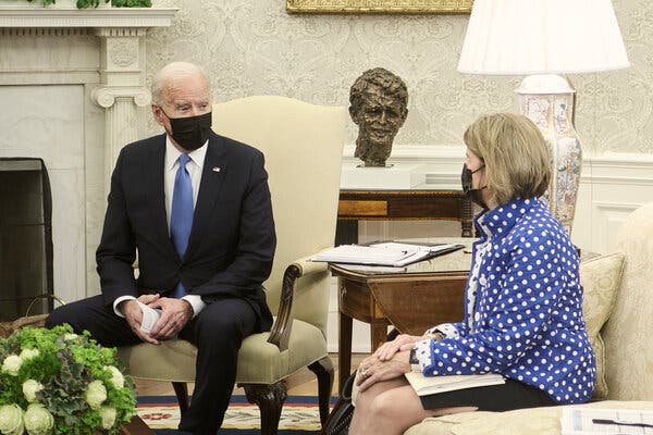 President Biden and Senator Shelley Moore Capito of West Virginia in the Oval Office last month. The president has been meeting with Republicans in an effort to reach bipartisan agreement on his infrastructure proposal.