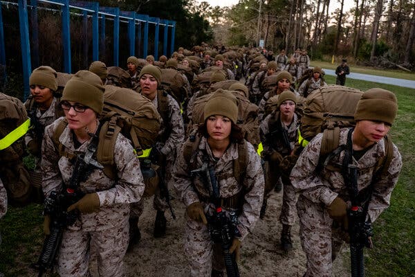 Marine recruits training at Parris Island in South Carolina last year.
