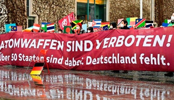 Activists of the International Campaign to Abolish Nuclear Weapons and other peace initiatives staged a protest in Berlin in January.