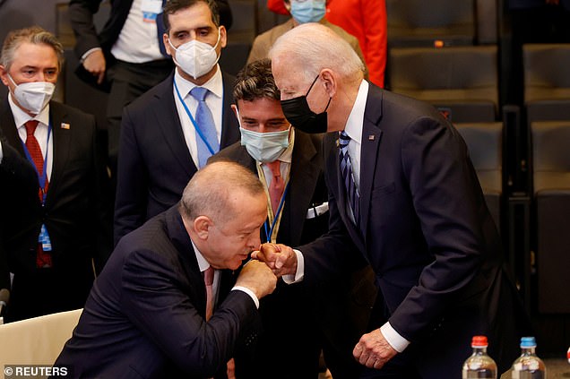 Joe Biden met with Tayyip Erdogan for talks on the sidelines of NATO's summit in Brussels on Monday, with the two men greeting each-other with what at first appeared to be a kiss on the hand - though this was only a trick of perspective
