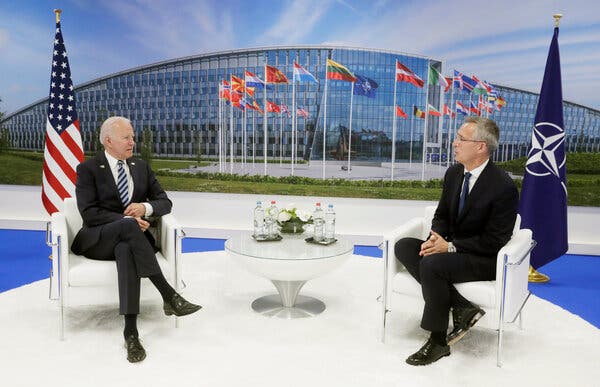 President Biden met with NATO’s secretary general, Jens Stoltenberg, at the summit in Brussels on Monday.