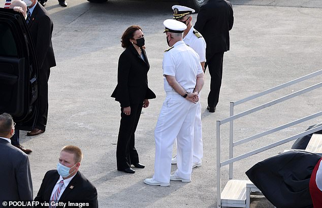 Harris visited the USS Tulsa in Singapore on Monday, and met with service men on the boat, during her week-long trip to the country