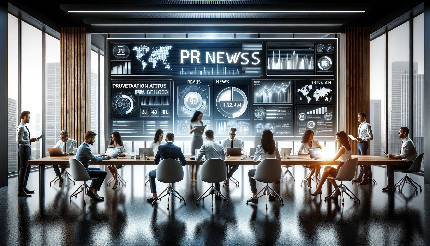 Professionals discussing the latest PR news updates in a modern office with digital screens showing trending topics and social media analytics.